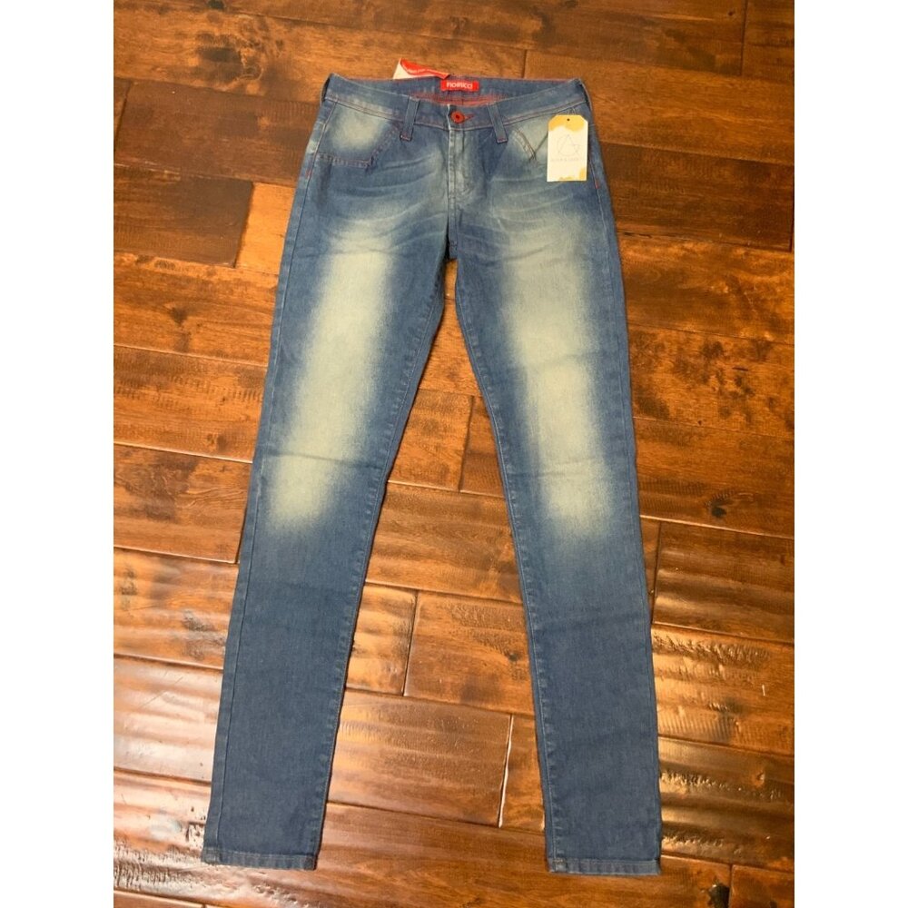 Fiorucci Stone Wash Mid-Rise Skinny Blue Jeans Heart Pockets, Size 26, NWT!